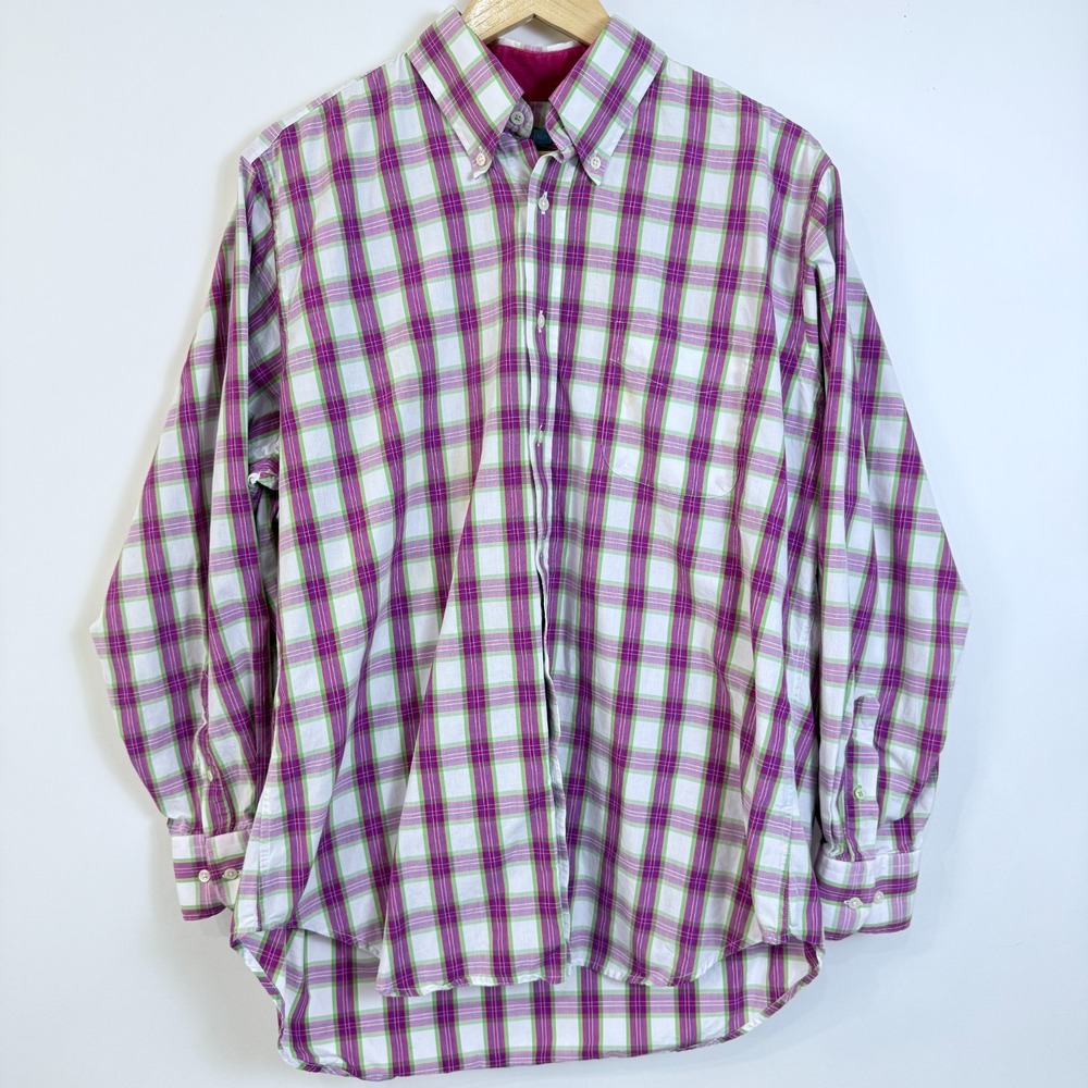 J. McLaughlin Plaid Button Down Shirt Mens L Pink White Cotton Chest‎ Pocket